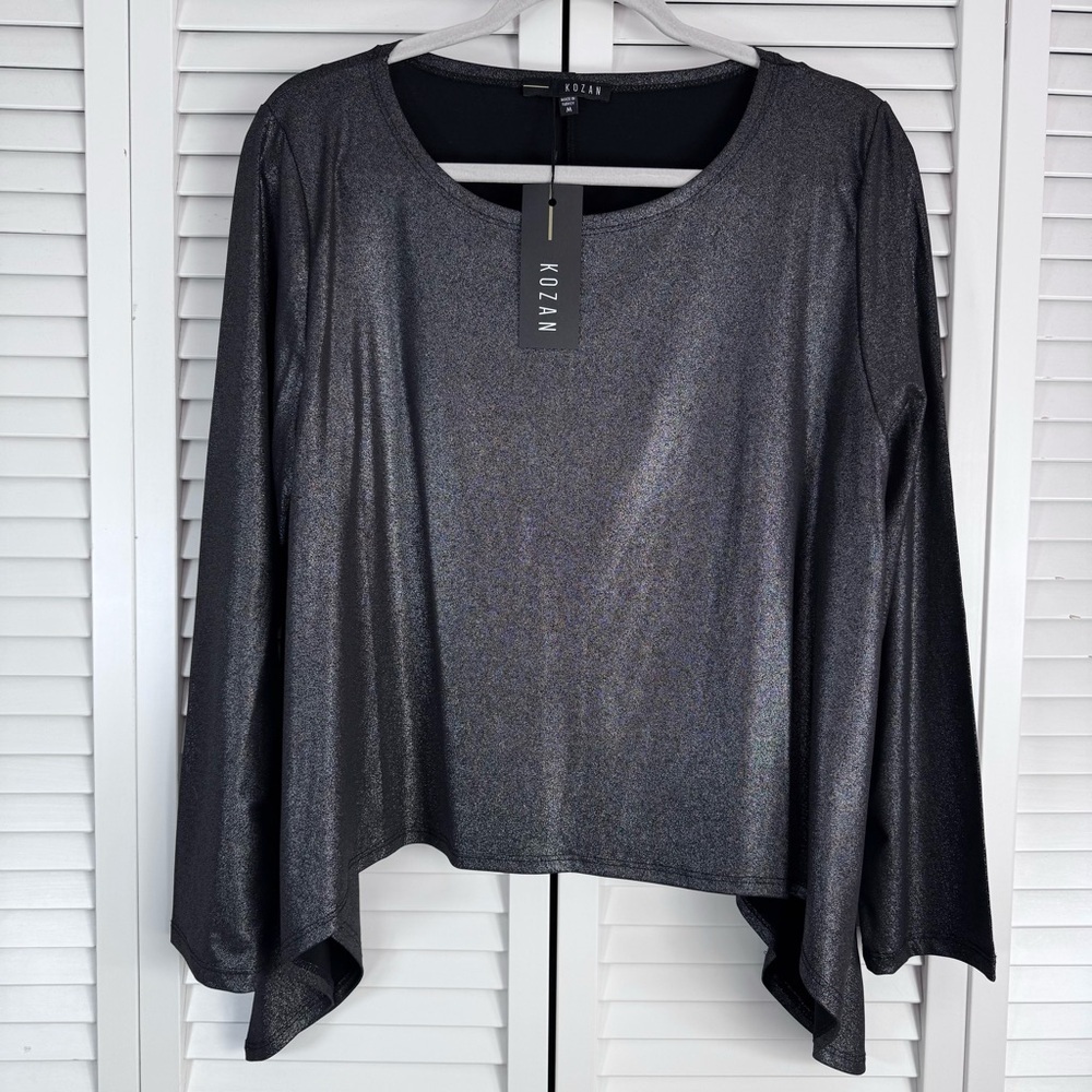 Kozan Mila Shine Metallic Topper Top Gray Silver Asymmetrical Artsy Medium NWT